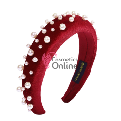 Bentita deosebita pentru par din catifea cu Perle Albe BTP025CC - Rosie